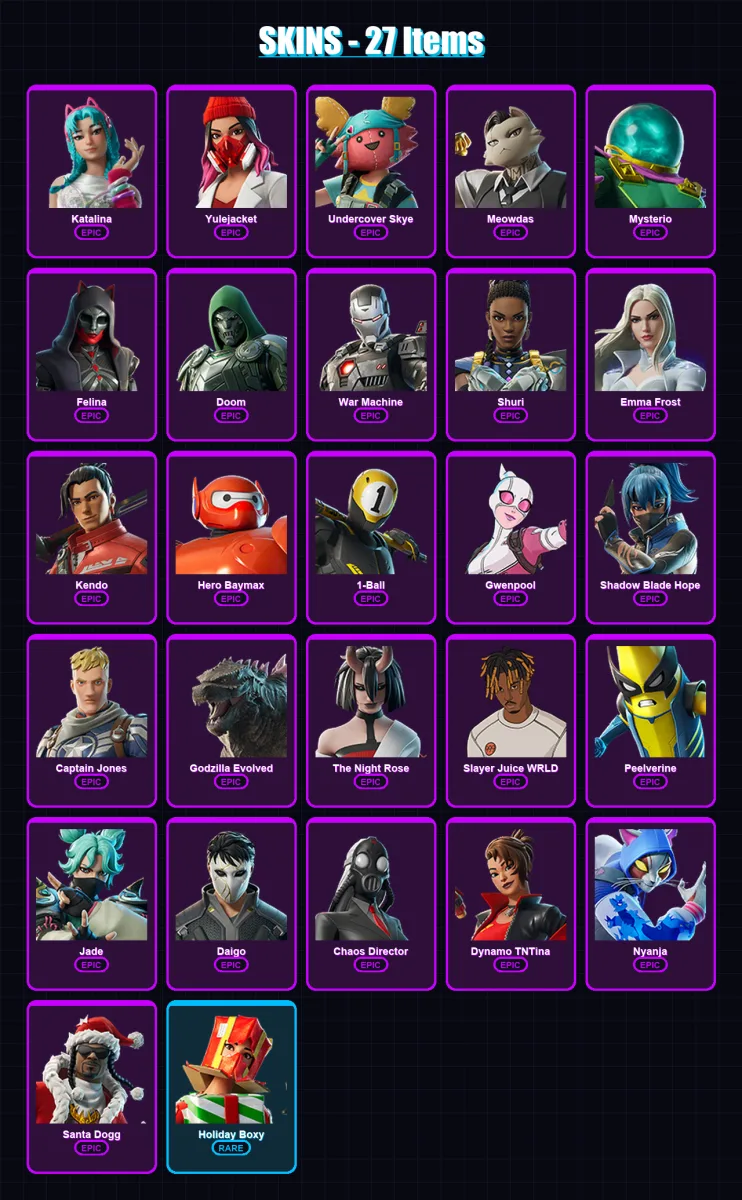 [PS4/PS5/XBOX/PC] | Katalina | Yulejacket | Undercover Skye | Meowdas | Mysterio | 27 skin | 50 pickaxe | 34 emote | 34 glider | Lv392