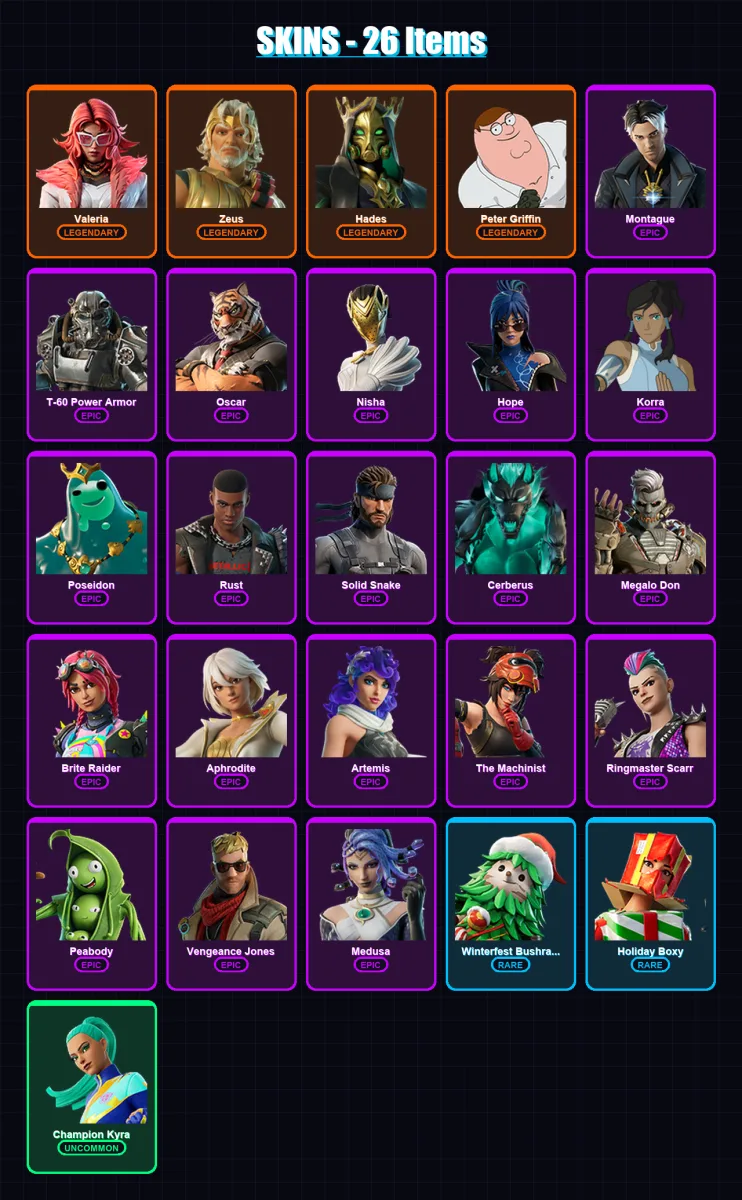 [PC/PSN] | Valeria | Zeus | Hades | Peter Griffin | Montague | 26 skin | 36 pickaxe | 32 emote | 34 glider | Lv624