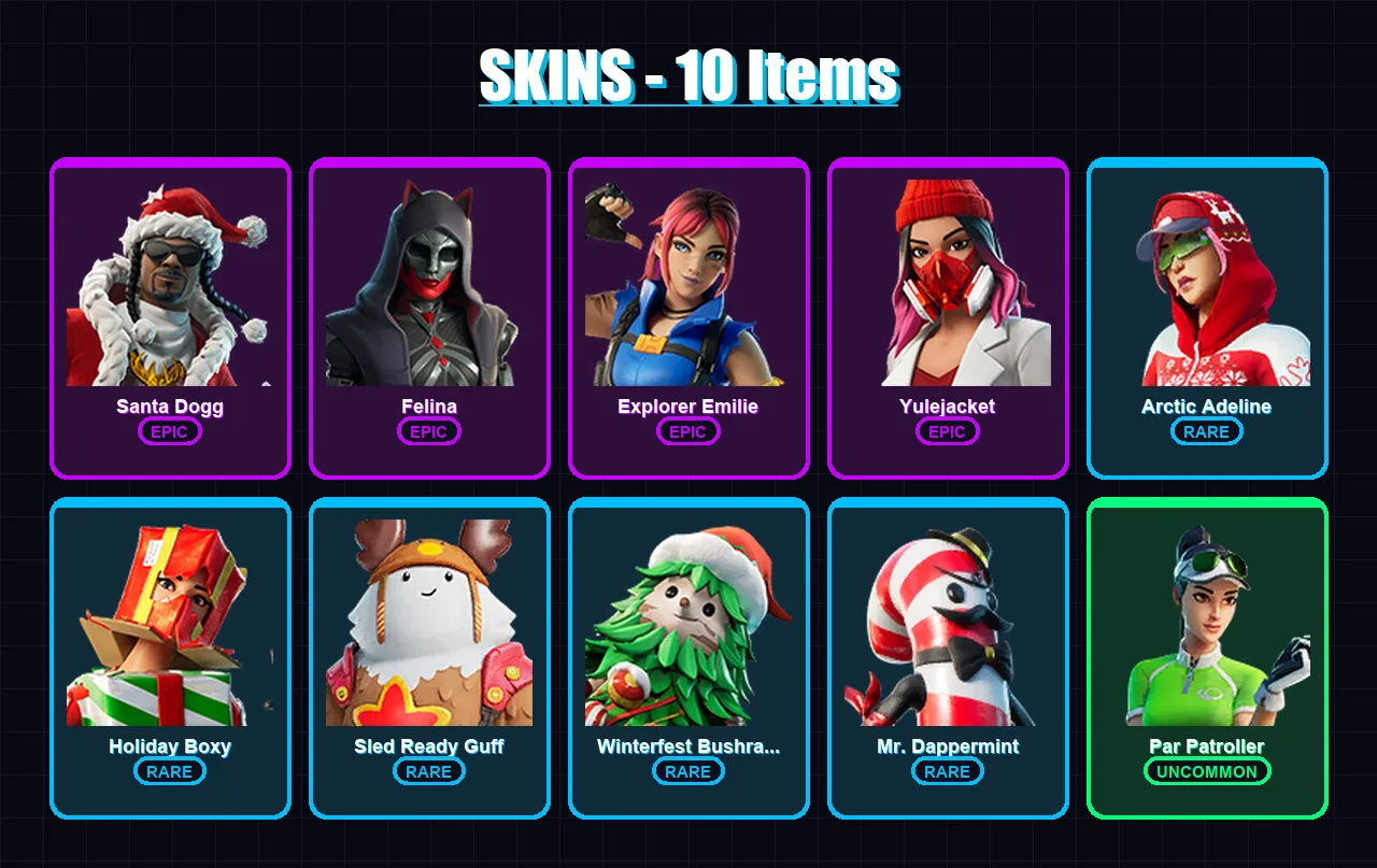 [PC/PSN] | Santa Dogg | Felina | Explorer Emilie | Yulejacket | Arctic Adeline | 10 skin | 50 pickaxe | 22 emote | 39 glider | Lv639
