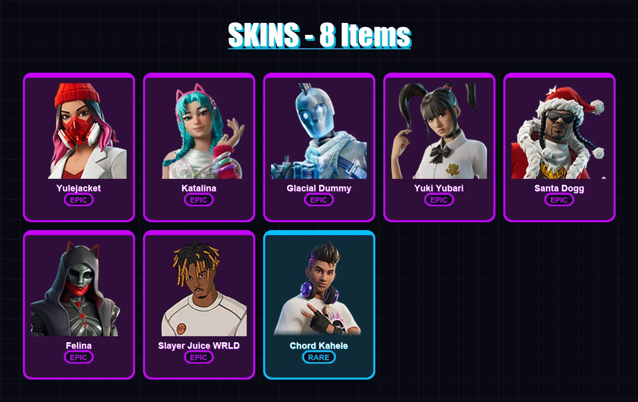 [PC/XBOX/PSN] | Yulejacket | Katalina | Glacial Dummy | Yuki Yubari | Santa Dogg | 8 skin | 55 pickaxe | 19 emote | 34 glider | Lv467