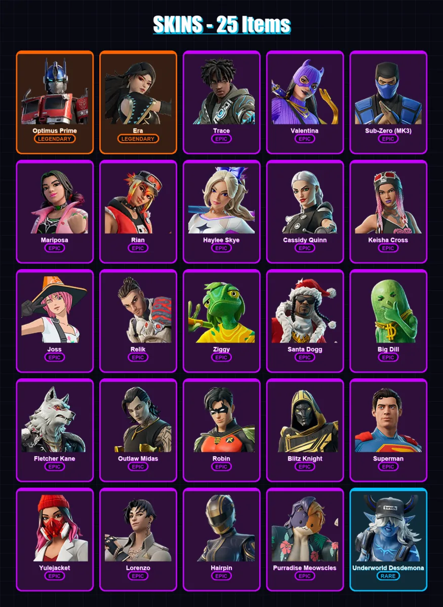 [PS4/PS5/XBOX/PC] | Optimus Prime | Era | Trace | Valentina | Sub-Zero (MK3) | 25 skin | 60 pickaxe | 31 emote | 46 glider | Lv675