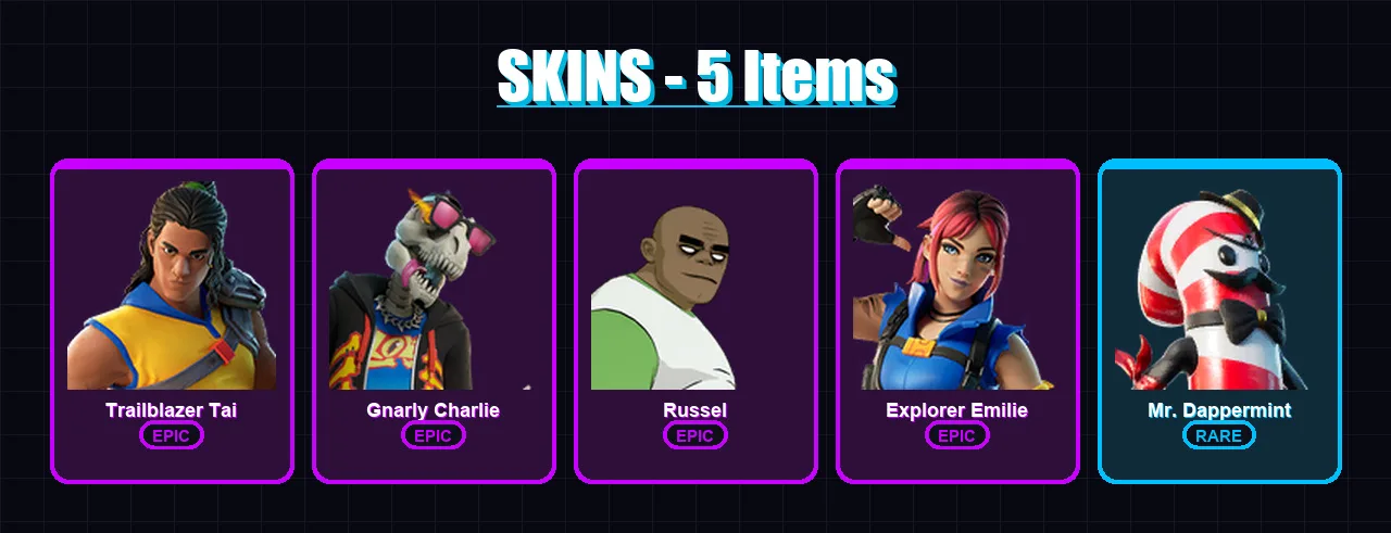 [PS4/PS5/PC] | Trailblazer Tai | Gnarly Charlie | Russel | Explorer Emilie | Mr. Dappermint | 5 skin | 16 pickaxe | 9 emote | 12 glider | Lv231