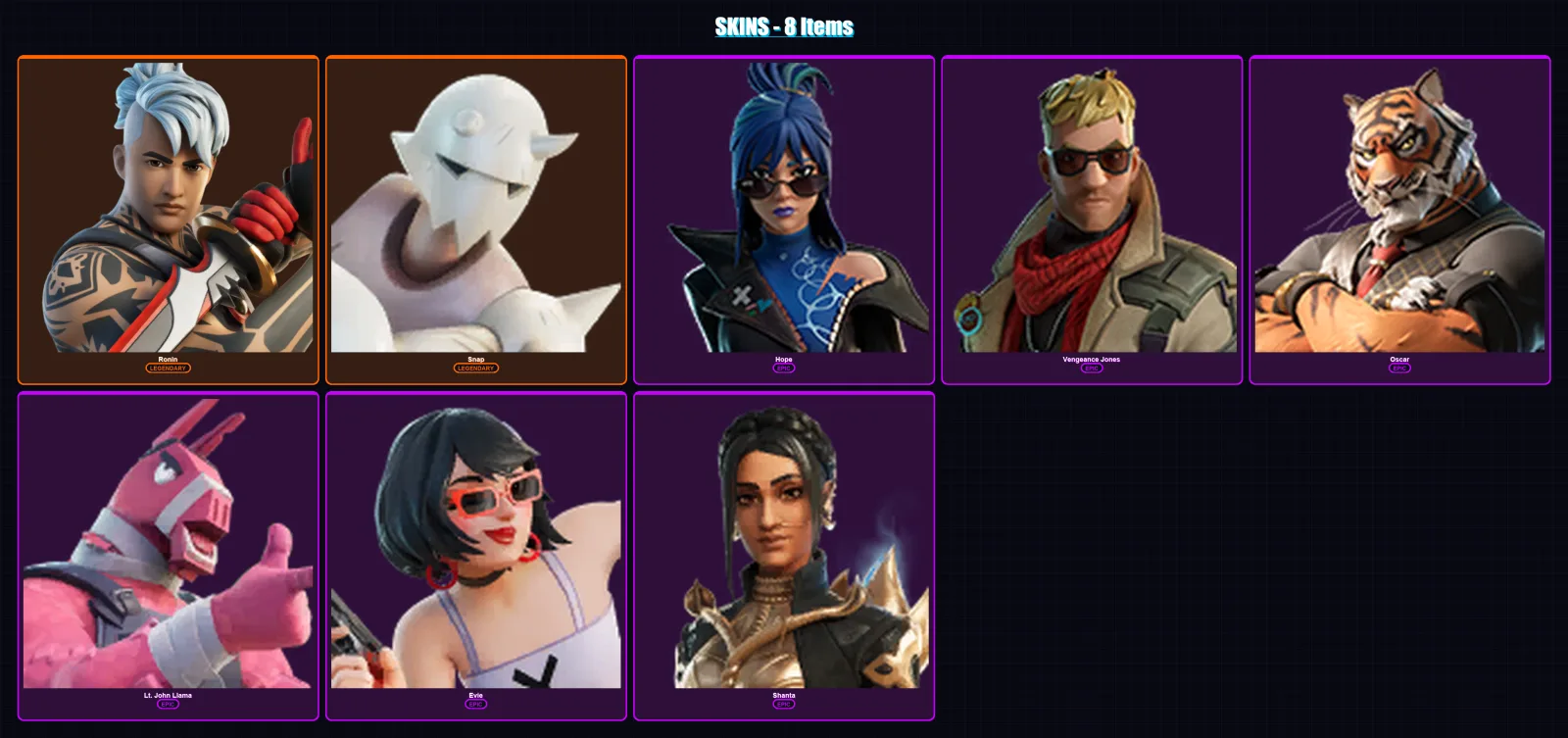 [PC/XBOX/PSN] | Ronin | Snap | Hope | Vengeance Jones | Oscar | 8 skin | 12 pickaxe | 13 emote | 14 glider | Lv215