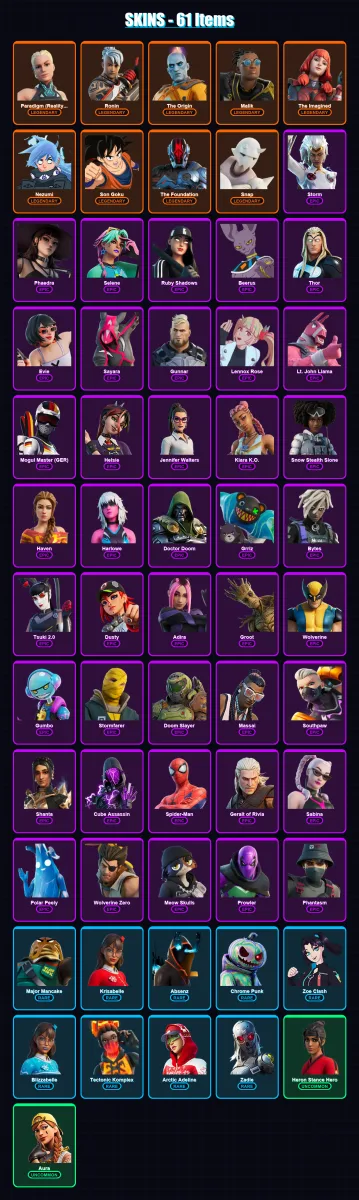 [PC/XBOX/PSN] | Paradigm (Reality-659) | Ronin | The Origin | Malik | The Imagined | 61 skin | 68 pickaxe | 30 emote | 47 glider | Lv586