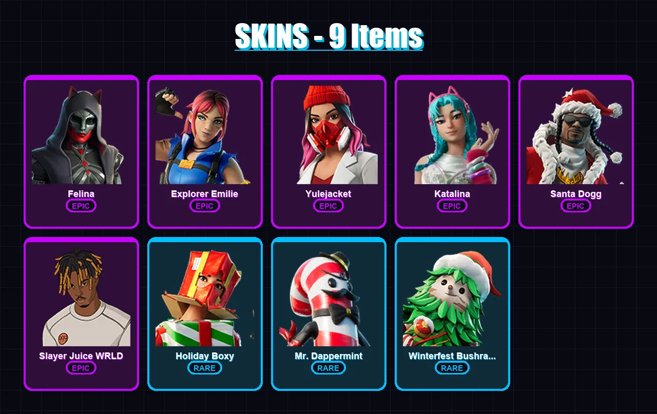 [PC] | Felina | Explorer Emilie | Yulejacket | Katalina | Santa Dogg | 9 skin | 30 pickaxe | 15 emote | 24 glider | Lv308