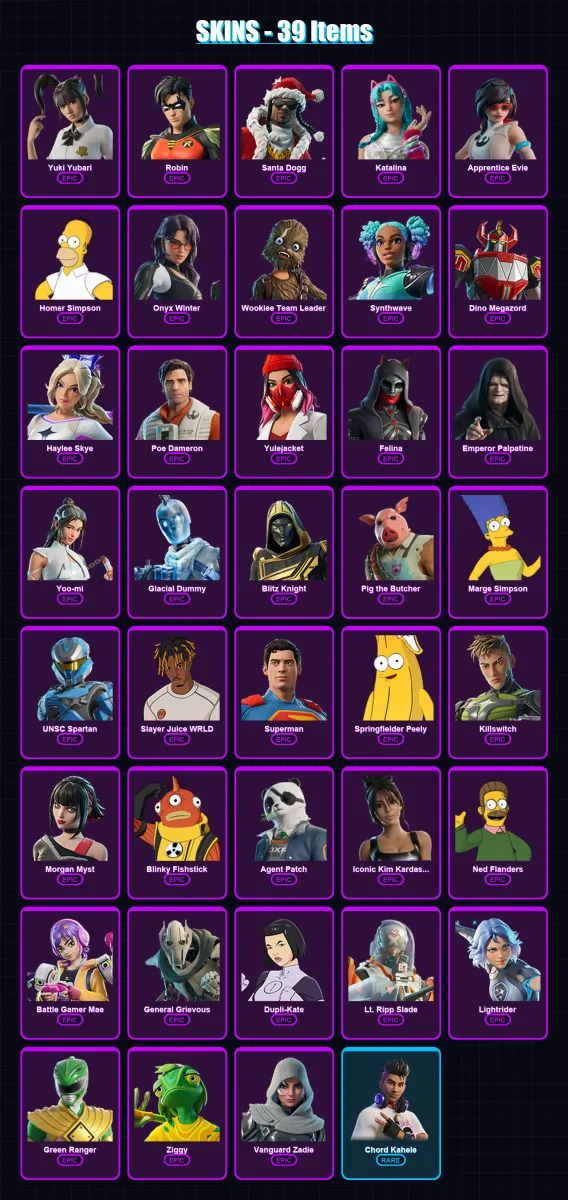[PC/XBOX/PSN] | Yuki Yubari | Robin | Santa Dogg | Katalina | Apprentice Evie | 39 skin | 105 pickaxe | 50 emote | 64 glider | Lv1116