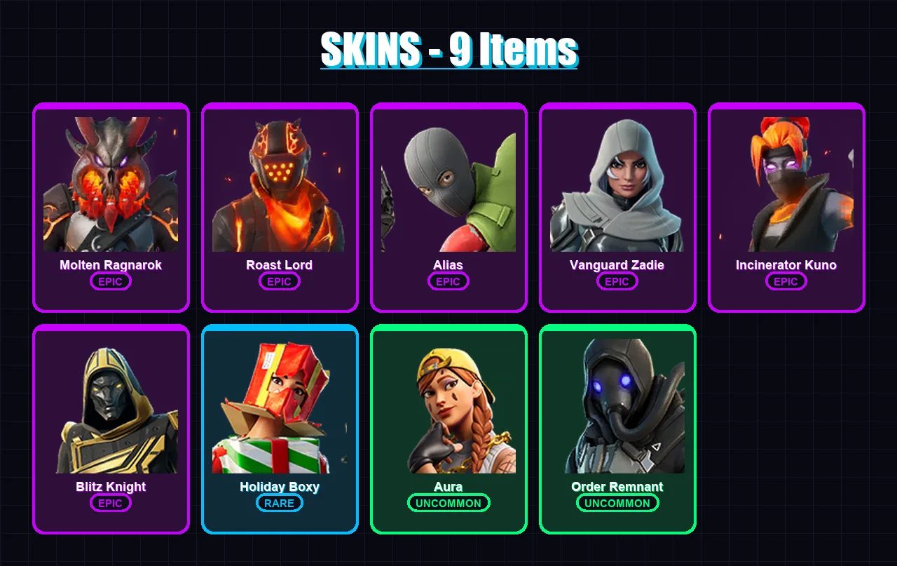 [SWITCH/XBOX/PSN/PC] | Molten Ragnarok | Roast Lord | Alias | Vanguard Zadie | Incinerator Kuno | 9 skin | 28 pickaxe | 17 emote | 25 glider | Lv516