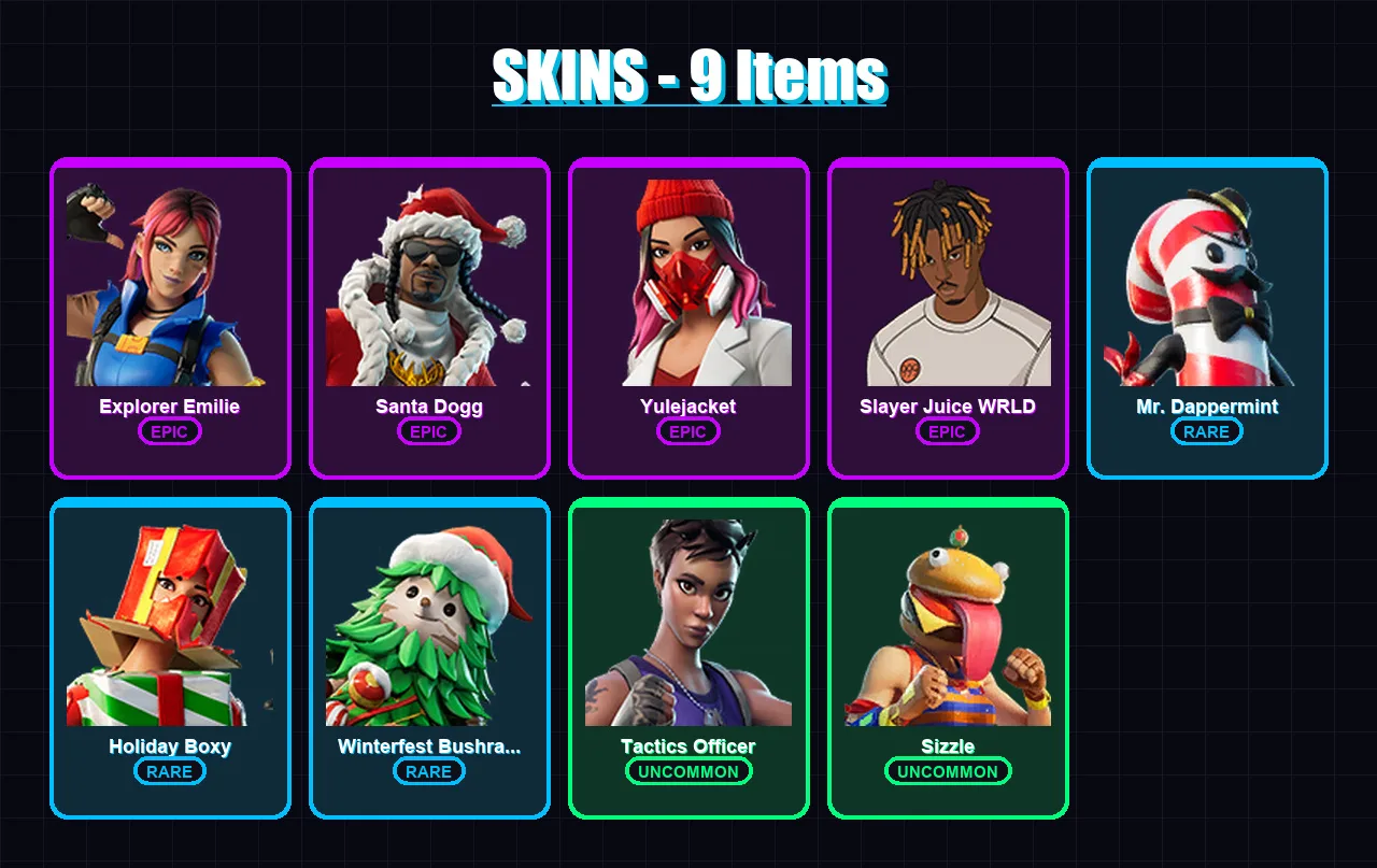 [PC/XBOX/PSN] | Explorer Emilie | Santa Dogg | Yulejacket | Slayer Juice WRLD | Mr. Dappermint | 9 skin | 12 pickaxe | 5 emote | 7 glider | Lv118