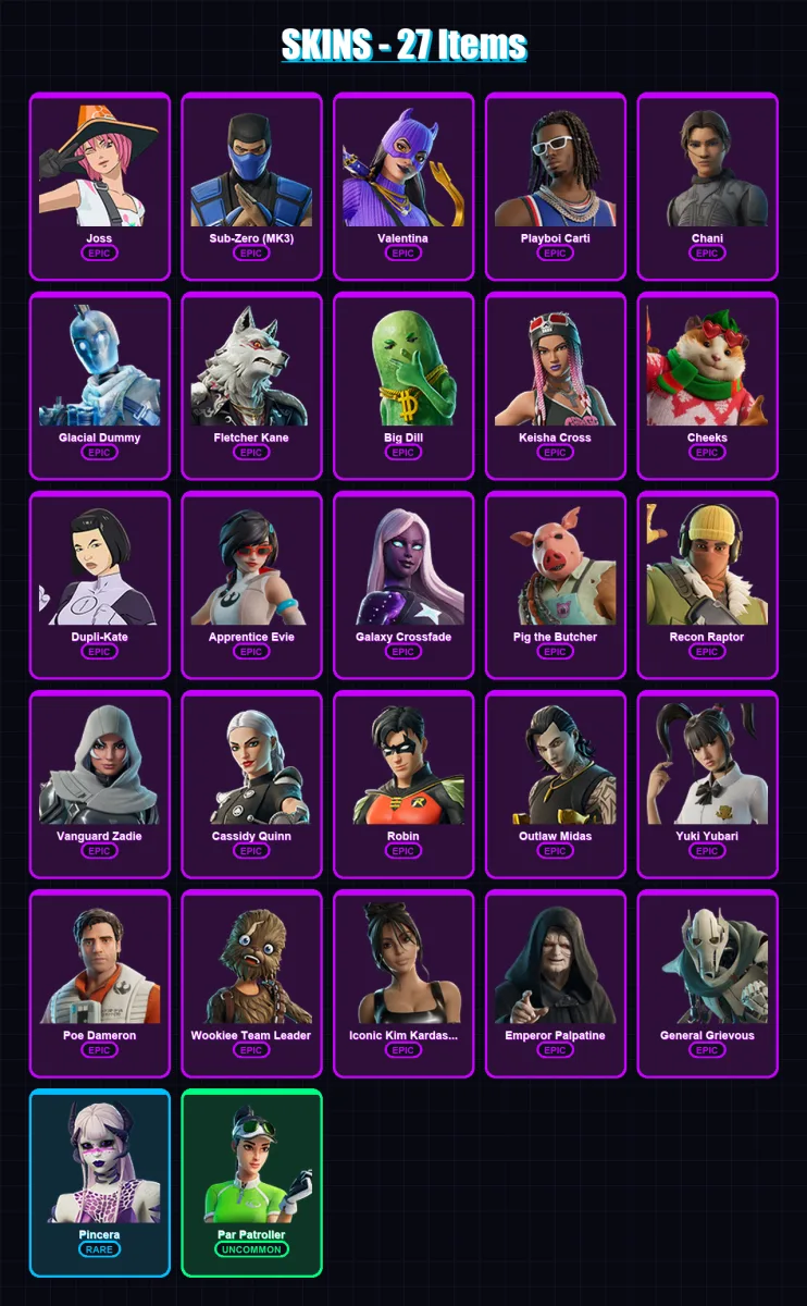 [PC/XBOX/PSN] | Joss | Sub-Zero (MK3) | Valentina | Playboi Carti | Chani | 27 skin | 74 pickaxe | 35 emote | 45 glider | Lv1147