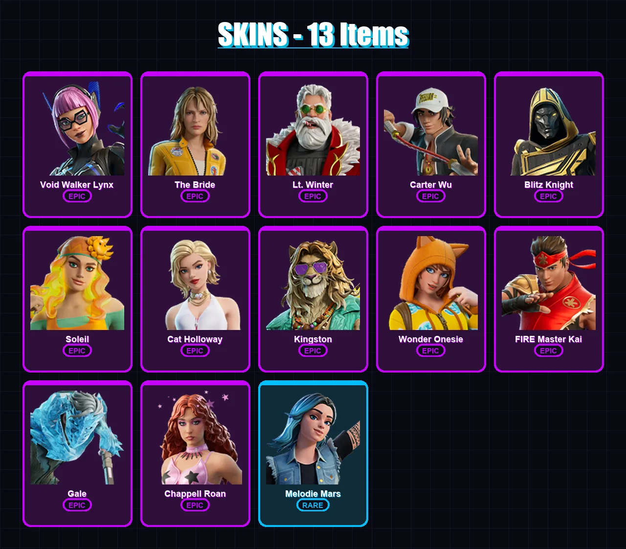 [PC/XBOX/PSN] | Void Walker Lynx | The Bride | Lt. Winter | Carter Wu | Blitz Knight | 13 skin | 31 pickaxe | 21 emote | 25 glider | Lv269