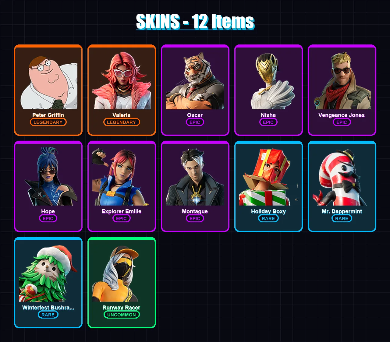 [PC/XBOX] | Peter Griffin | Valeria | Oscar | Nisha | Vengeance Jones | 12 skin | 13 pickaxe | 10 emote | 15 glider | Lv235
