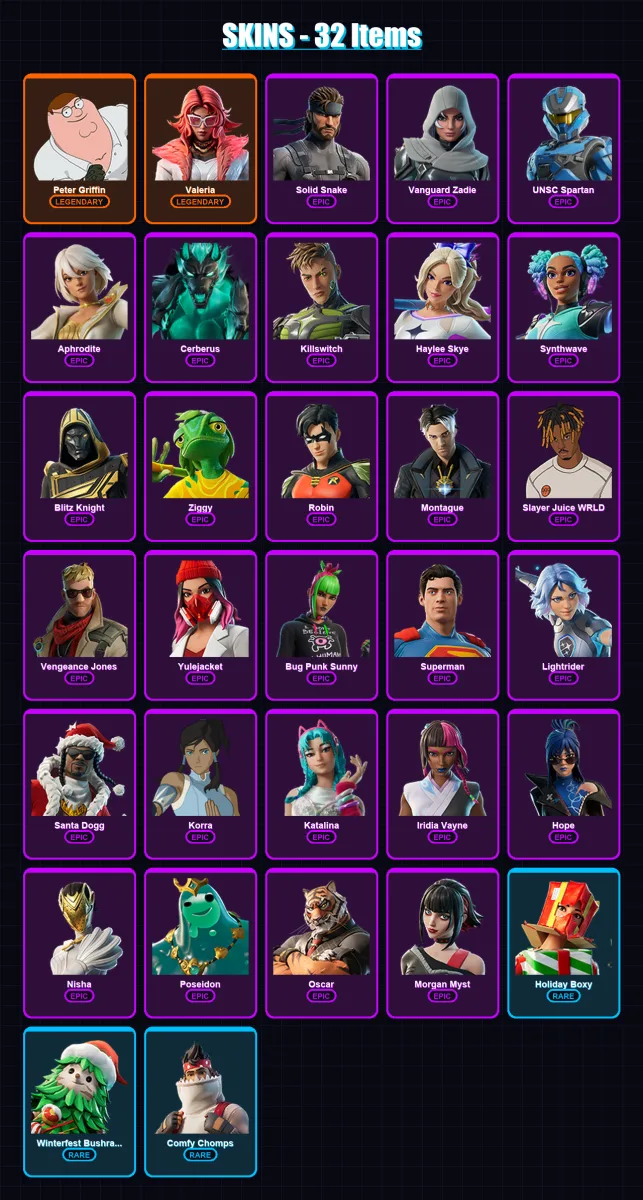 [PC/PSN] | Peter Griffin | Valeria | Solid Snake | Vanguard Zadie | UNSC Spartan | 32 skin | 82 pickaxe | 43 emote | 60 glider | Lv1254