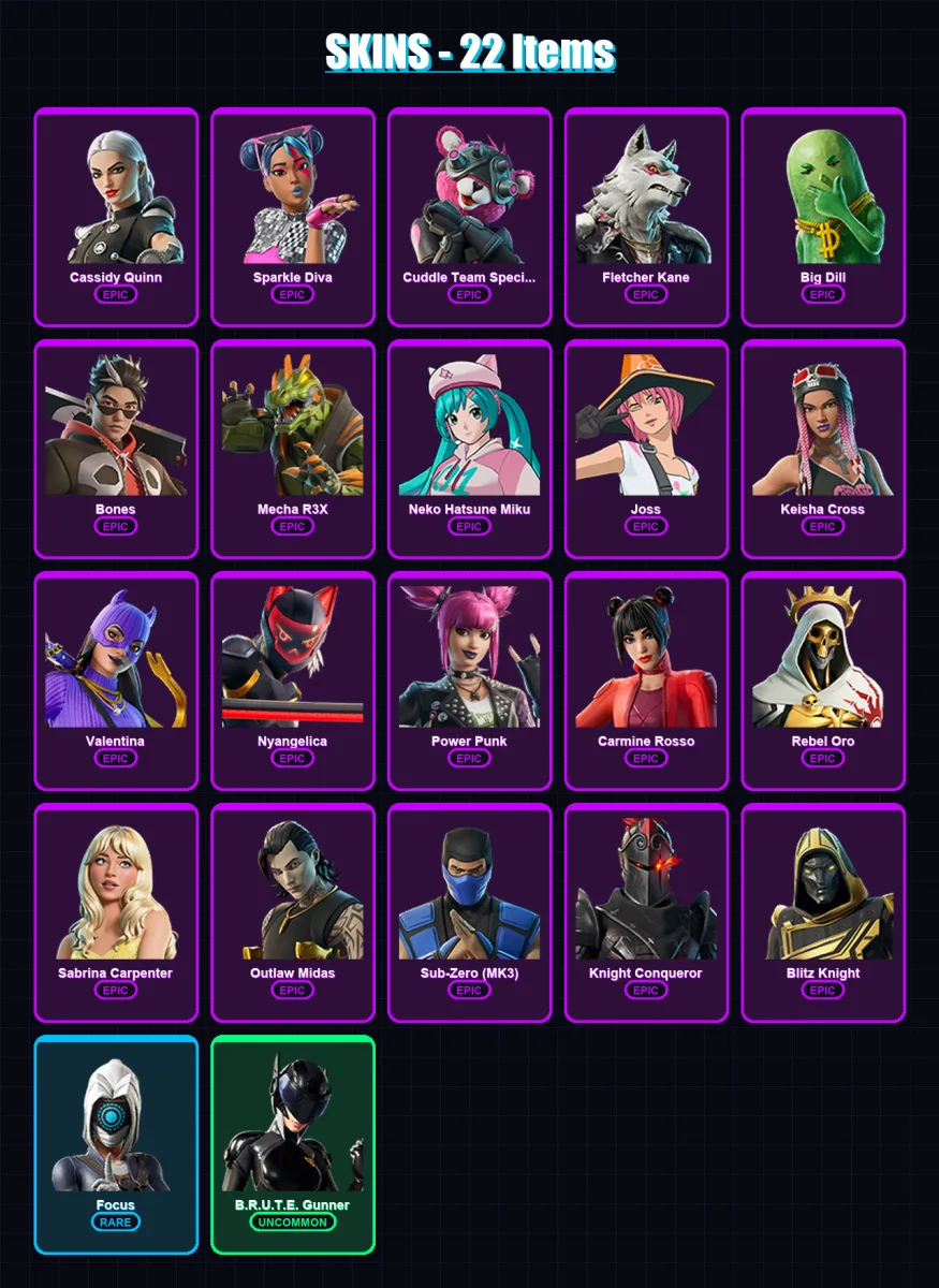 [PC/PSN] | Cassidy Quinn | Sparkle Diva | Cuddle Team Specialist | Fletcher Kane | Big Dill | 22 skin | 54 pickaxe | 32 emote | 33 glider | Lv359