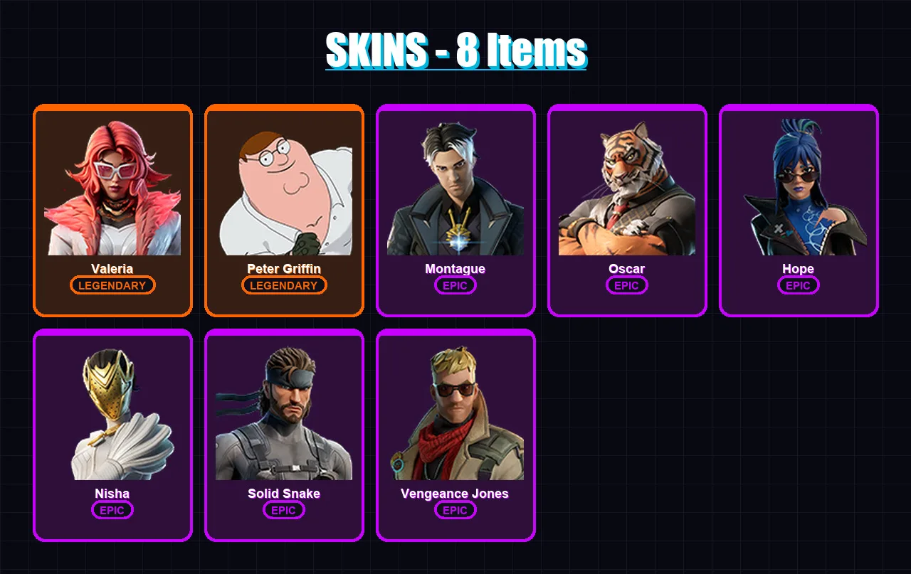 [PC/XBOX/PSN] | Valeria | Peter Griffin | Montague | Oscar | Hope | 8 skin | 16 pickaxe | 22 emote | 14 glider | Lv309