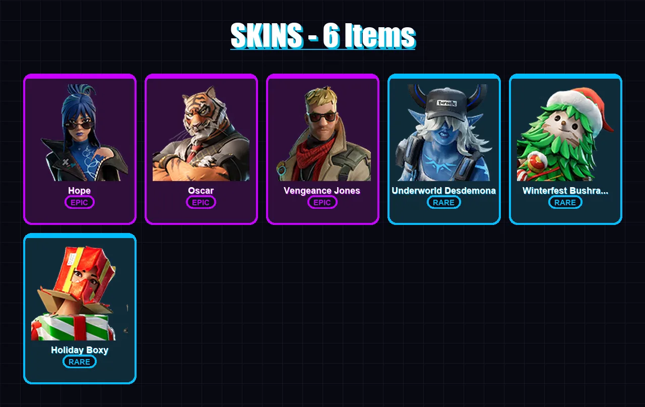[PC/PSN] | Hope | Oscar | Vengeance Jones | Underworld Desdemona | Winterfest Bushranger | 6 skin | 16 pickaxe | 10 emote | 21 glider | Lv351