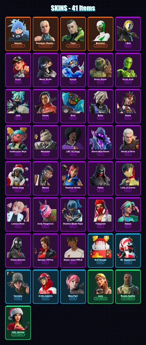 [PC/XBOX/PSN] | Nezumi | Paradigm (Reality-659) | Twyn | Backlash | 1-Ball | 41 skin | 68 pickaxe | 37 emote | 44 glider | Lv657