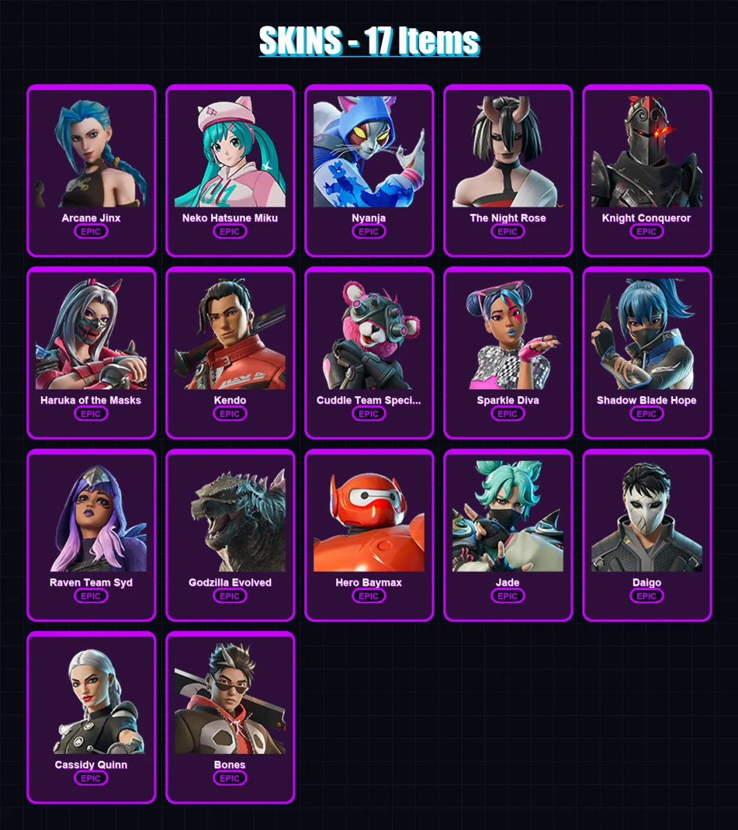 [PC/XBOX/PSN] | Arcane Jinx | Neko Hatsune Miku | Nyanja | The Night Rose | Knight Conqueror | 17 skin | 22 pickaxe | 19 emote | 13 glider | Lv150 — Fortnite account