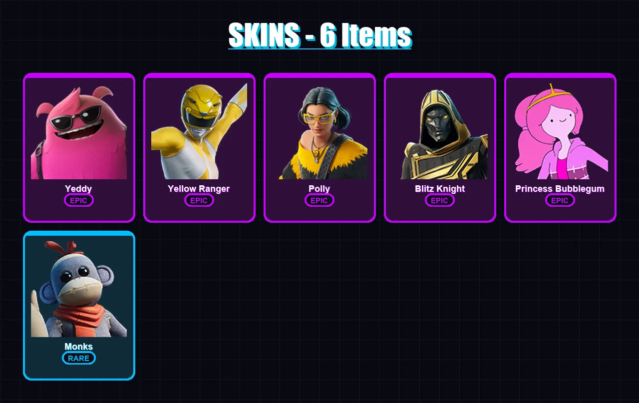 [PC/XBOX/PSN] | Yeddy | Yellow Ranger | Polly | Blitz Knight | Princess Bubblegum | 6 skin | 32 pickaxe | 14 emote | 23 glider | Lv308