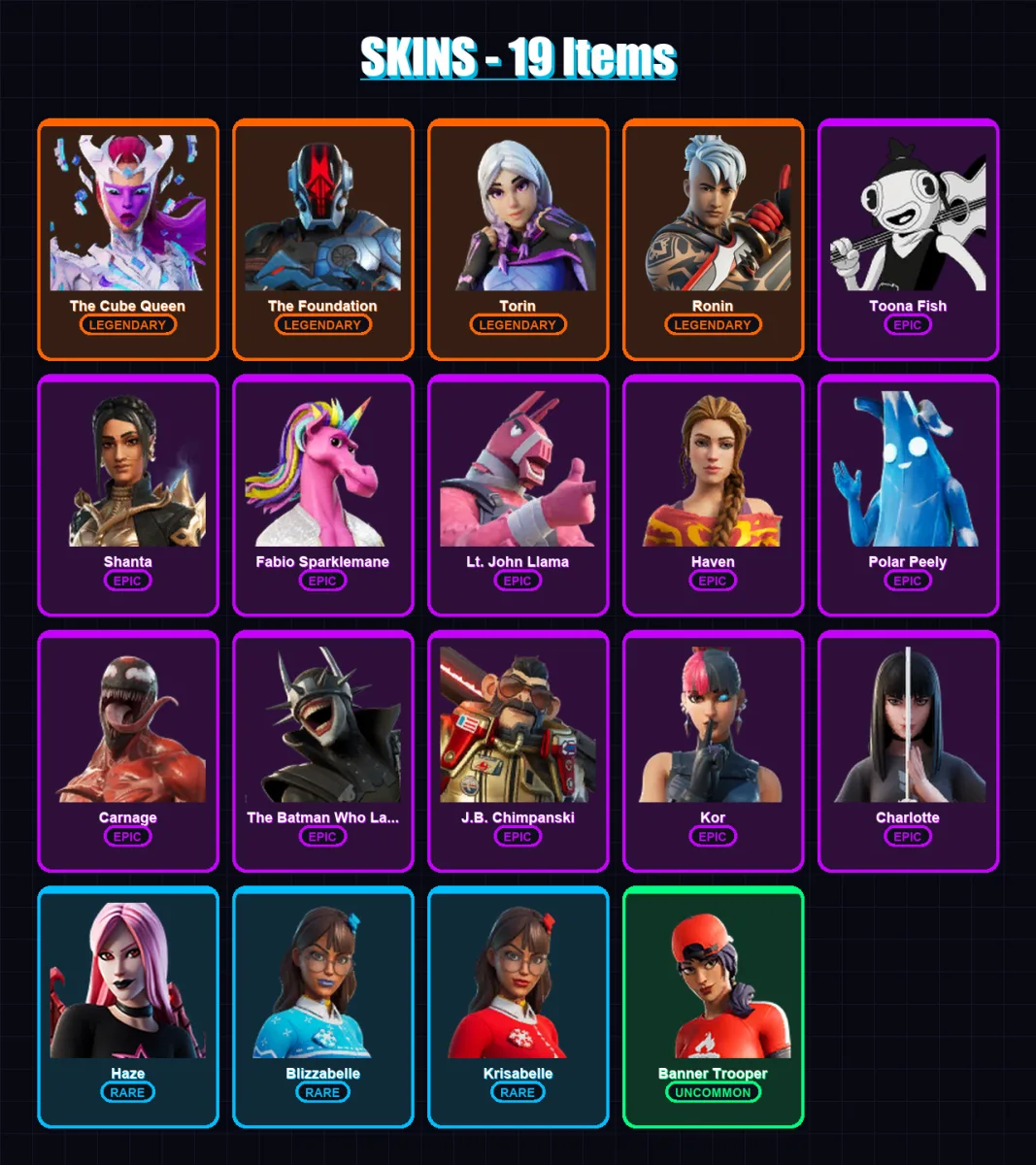 [PC/XBOX/PSN] | The Cube Queen | The Foundation | Torin | Ronin | Toona Fish | 19 skin | 21 pickaxe | 21 emote | 17 glider | Lv422