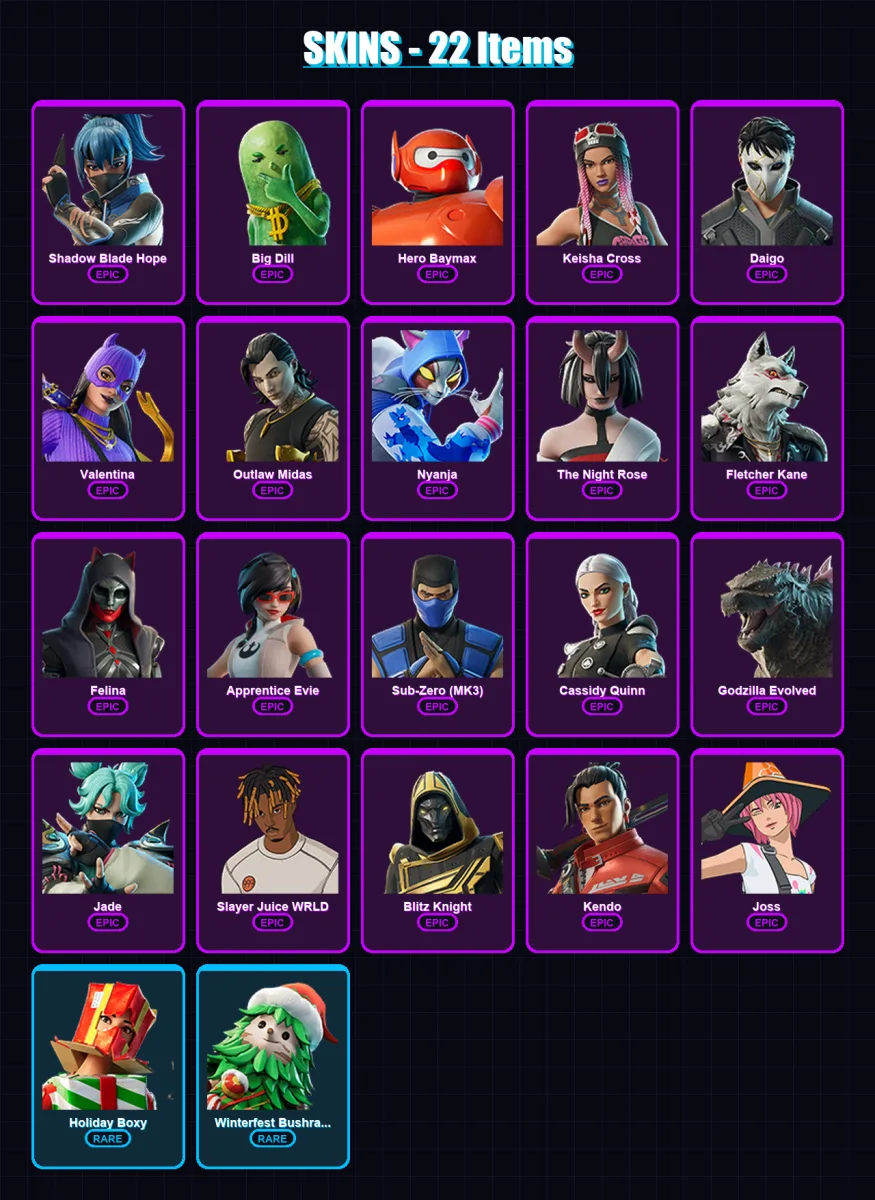 [PC/XBOX] | Shadow Blade Hope | Big Dill | Hero Baymax | Keisha Cross | Daigo | 22 skin | 54 pickaxe | 37 emote | 43 glider | Lv661