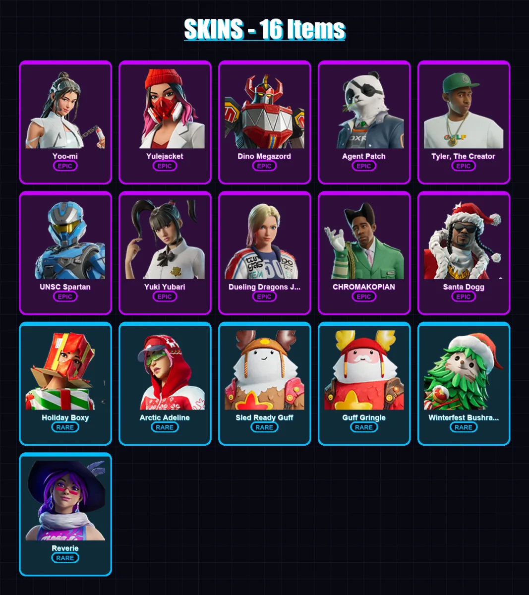 [PC/XBOX/PSN] | Yoo-mi | Yulejacket | Dino Megazord | Agent Patch | Tyler, The Creator | 16 skin | 55 pickaxe | 31 emote | 37 glider | Lv461