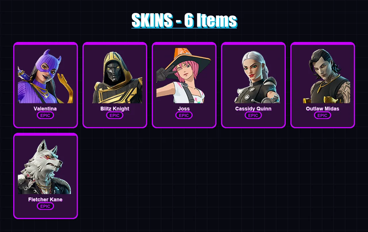 [PC/XBOX] | Valentina | Blitz Knight | Joss | Cassidy Quinn | Outlaw Midas | 6 skin | 33 pickaxe | 19 emote | 19 glider | Lv205