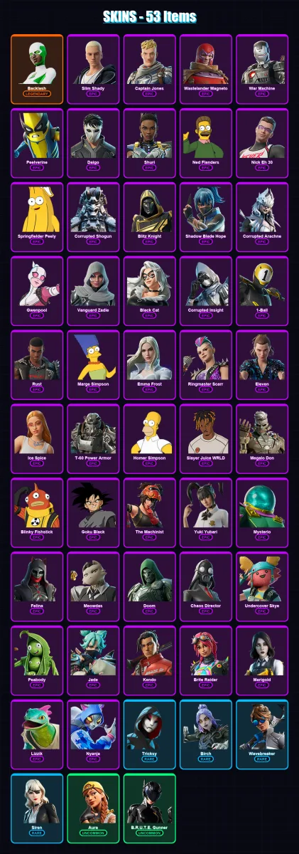 [PC/XBOX/PSN] | Backlash | Slim Shady | Captain Jones | Wastelander Magneto | War Machine | 53 skin | 90 pickaxe | 49 emote | 56 glider | Lv900 — Fortnite account