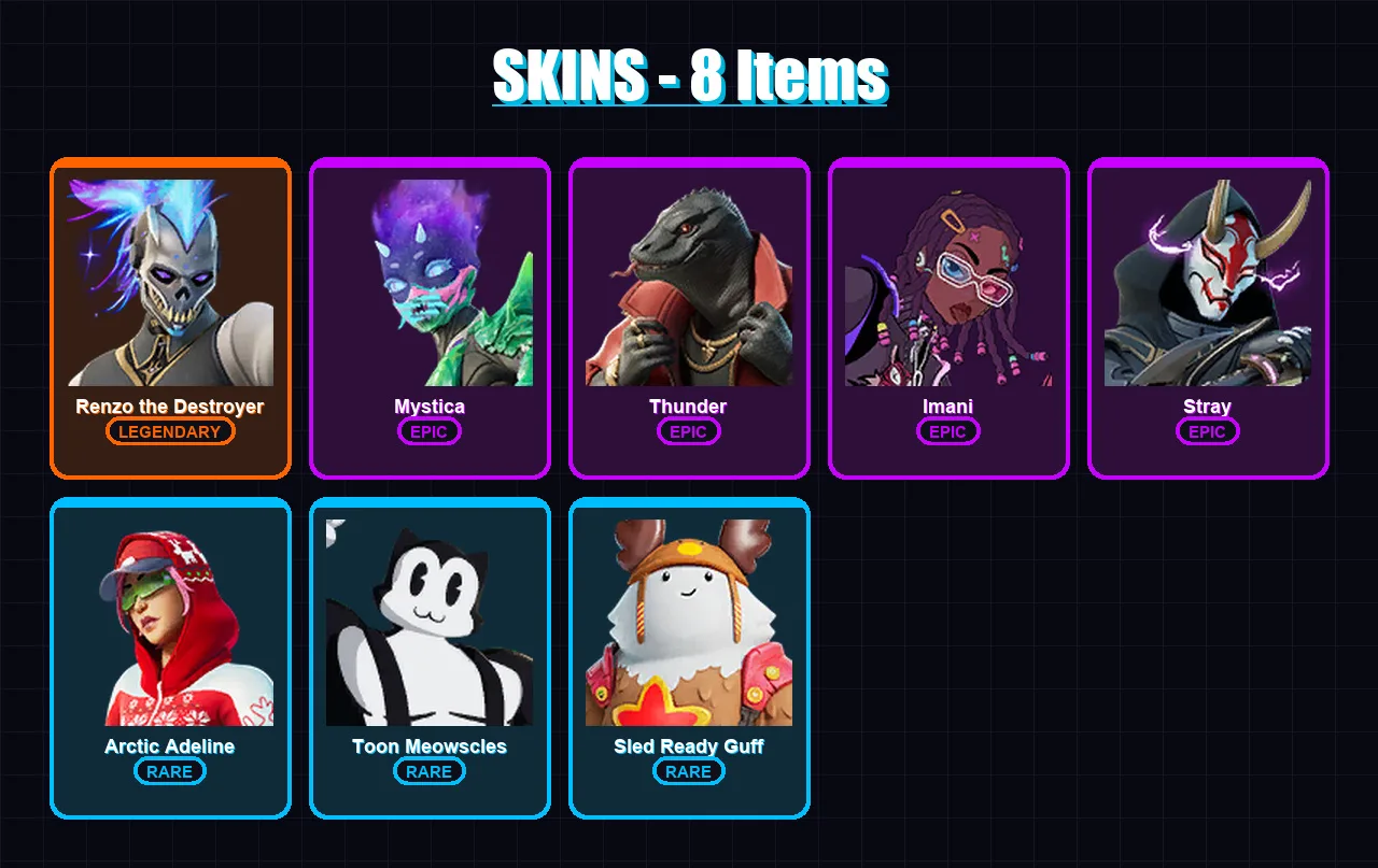 [PC/XBOX/PSN] | Renzo the Destroyer | Mystica | Thunder | Imani | Stray | 8 skin | 7 pickaxe | 12 emote | 13 glider | Lv75