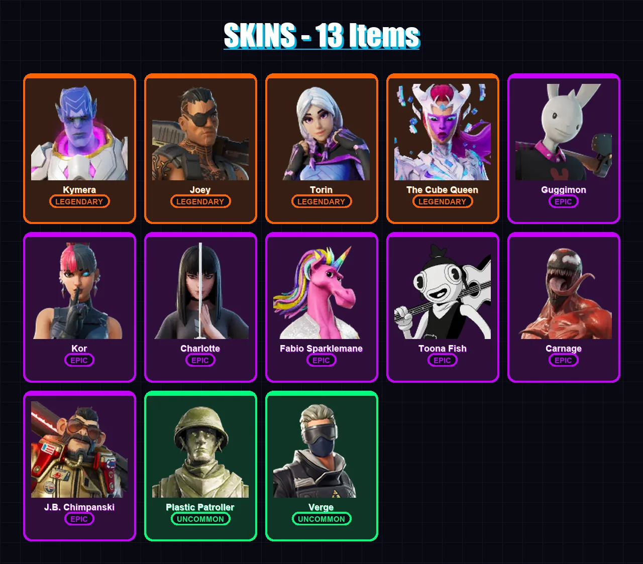 [PC/XBOX/PSN] | Kymera | Joey | Torin | The Cube Queen | Guggimon | 13 skin | 10 pickaxe | 9 emote | 10 glider | Lv157