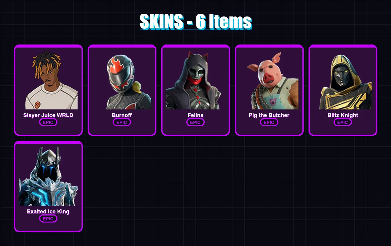 [PC/PSN] | Slayer Juice WRLD | Burnoff | Felina | Pig the Butcher | Blitz Knight | 6 skin | 37 pickaxe | 16 emote | 22 glider | Lv307