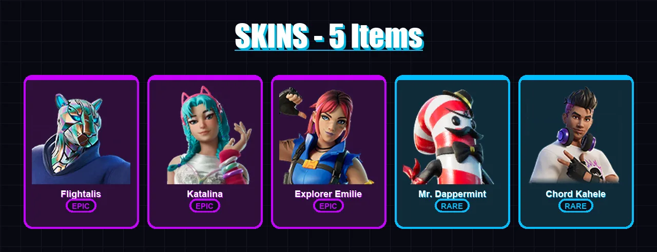[PC/XBOX/PSN] | Flightalis | Katalina | Explorer Emilie | Mr. Dappermint | Chord Kahele | 5 skin | 16 pickaxe | 8 emote | 16 glider | Lv185