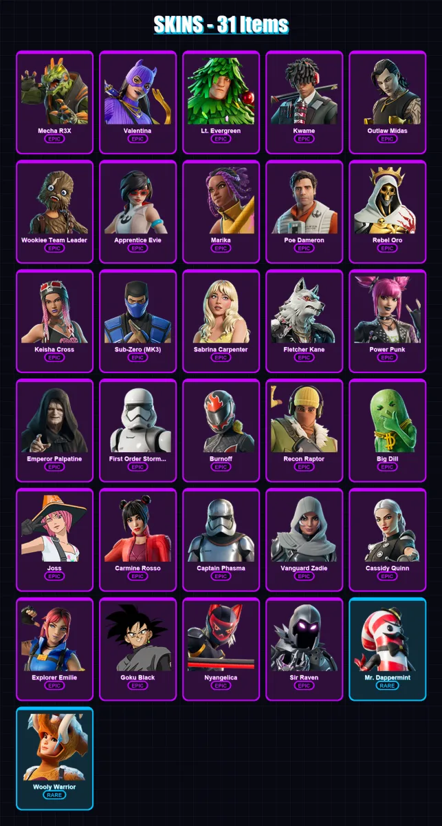 [PC/PSN] | Mecha R3X | Valentina | Lt. Evergreen | Kwame | Outlaw Midas | 31 skin | 43 pickaxe | 31 emote | 29 glider | Lv314