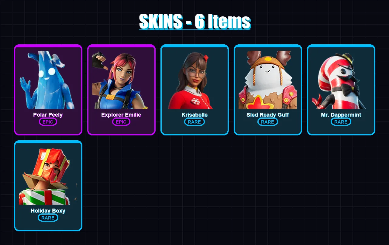 [PC/XBOX/PSN] | Polar Peely | Explorer Emilie | Krisabelle | Sled Ready Guff | Mr. Dappermint | 6 skin | 12 pickaxe | 9 emote | 10 glider | Lv117