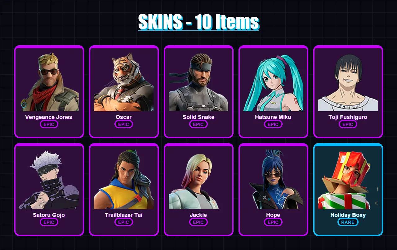 [PC/XBOX] | Vengeance Jones | Oscar | Solid Snake | Hatsune Miku | Toji Fushiguro | 10 skin | 12 pickaxe | 12 emote | 9 glider | Lv99