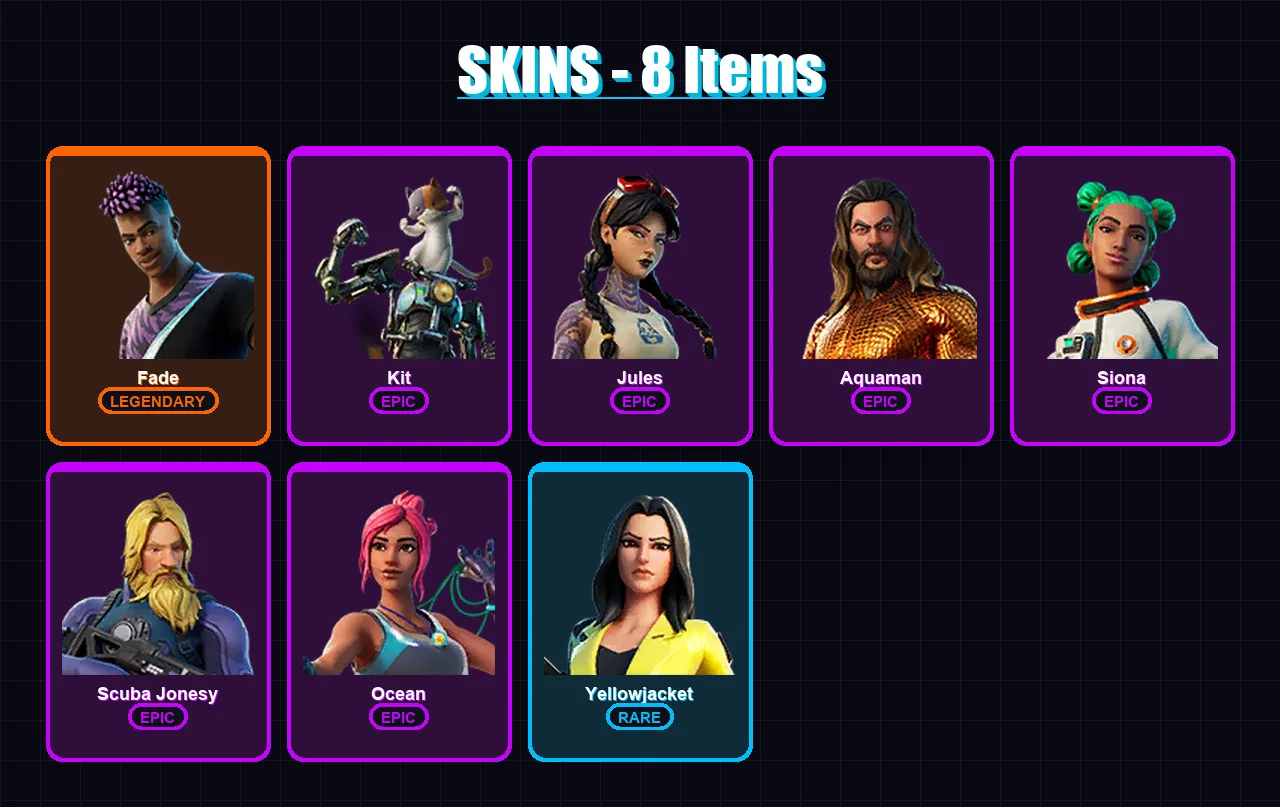 [PC/PSN] | Fade | Kit | Jules | Aquaman | Siona | 8 skin | 12 pickaxe | 16 emote | 11 glider | Lv158