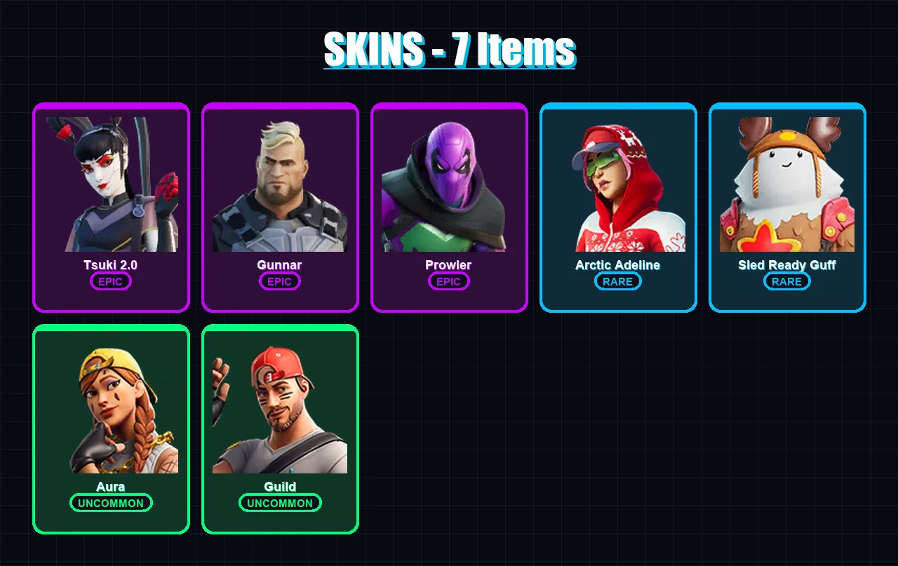 [PC/XBOX/PSN] | Tsuki 2.0 | Gunnar | Prowler | Arctic Adeline | Sled Ready Guff | 7 skin | 8 pickaxe | 9 emote | 13 glider | Lv94