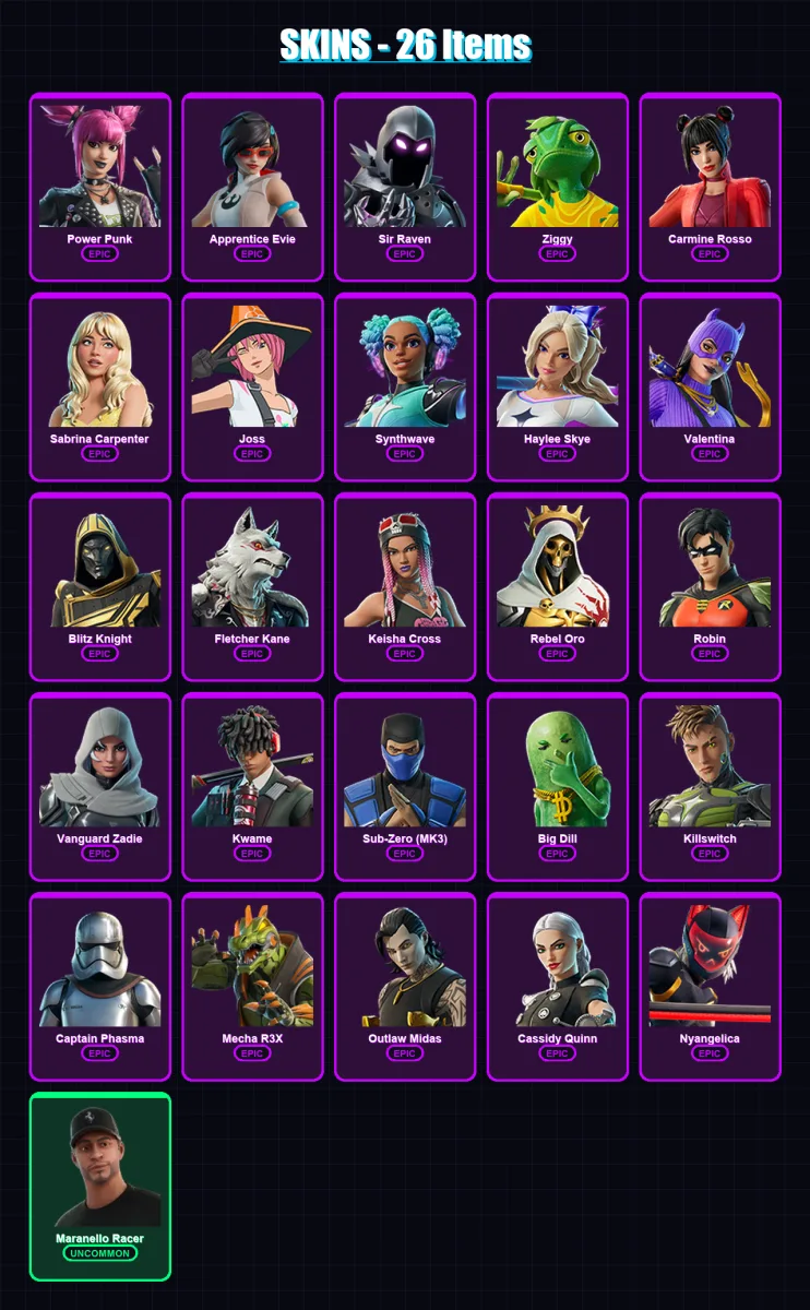 [PS4/PS5/PC] | Power Punk | Apprentice Evie | Sir Raven | Ziggy | Carmine Rosso | 26 skin | 32 pickaxe | 28 emote | 21 glider | Lv198 — Fortnite account