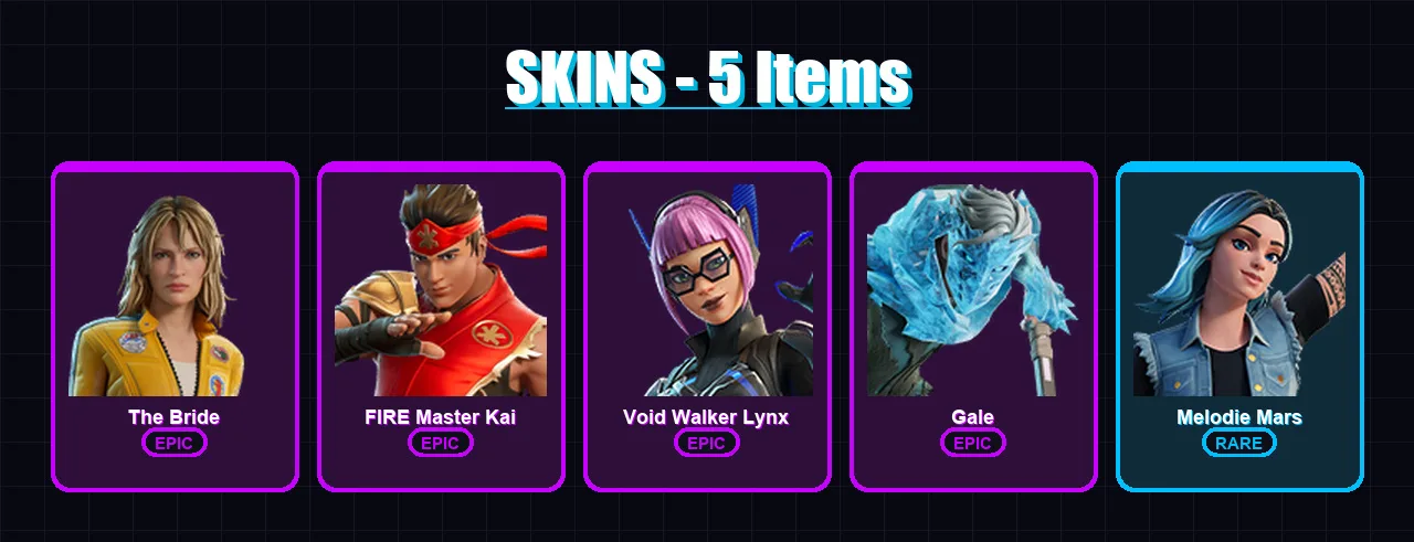 [PC] | The Bride | FIRE Master Kai | Void Walker Lynx | Gale | Melodie Mars | 5 skin | 6 pickaxe | 3 emote | 1 glider | Lv15