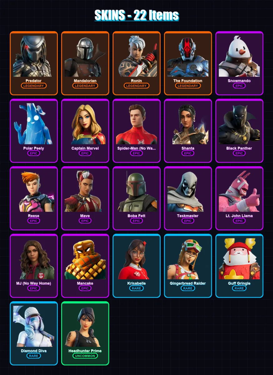[PC/XBOX/PSN] | Predator | Mandalorian | Ronin | The Foundation | Snowmando | 22 skin | 25 pickaxe | 24 emote | 25 glider | Lv205