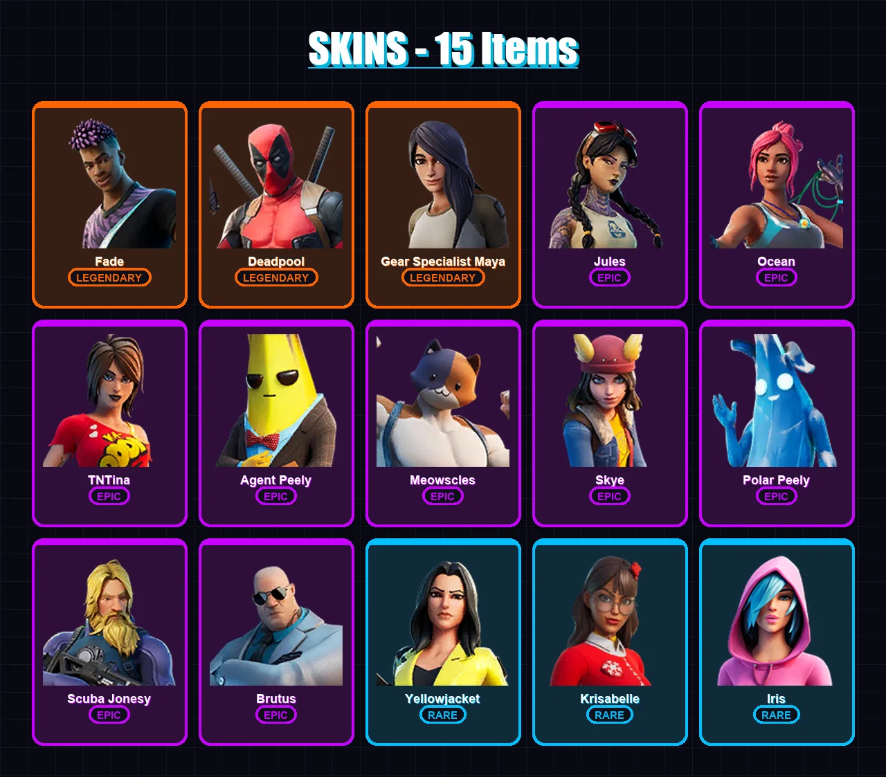 [PS4/PS5/XBOX/PC] | Fade | Deadpool | Gear Specialist Maya | Jules | Ocean | 15 skin | 25 pickaxe | 19 emote | 23 glider | Lv308
