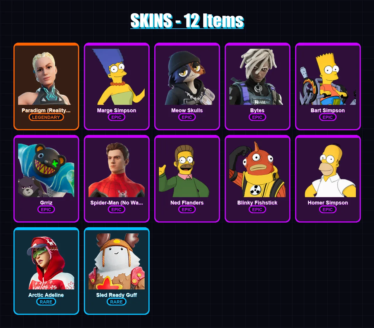 [PC/XBOX/PSN] | Paradigm (Reality-659) | Marge Simpson | Meow Skulls | Bytes | Bart Simpson | 12 skin | 21 pickaxe | 18 emote | 17 glider | Lv193