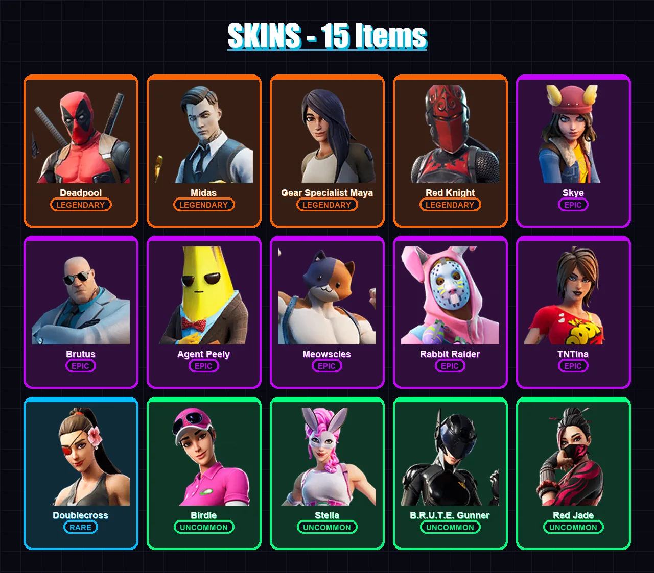 [PS4/PS5/XBOX/PC] | Deadpool | Midas | Gear Specialist Maya | Red Knight | Skye | 15 skin | 12 pickaxe | 11 emote | 10 glider | Lv147