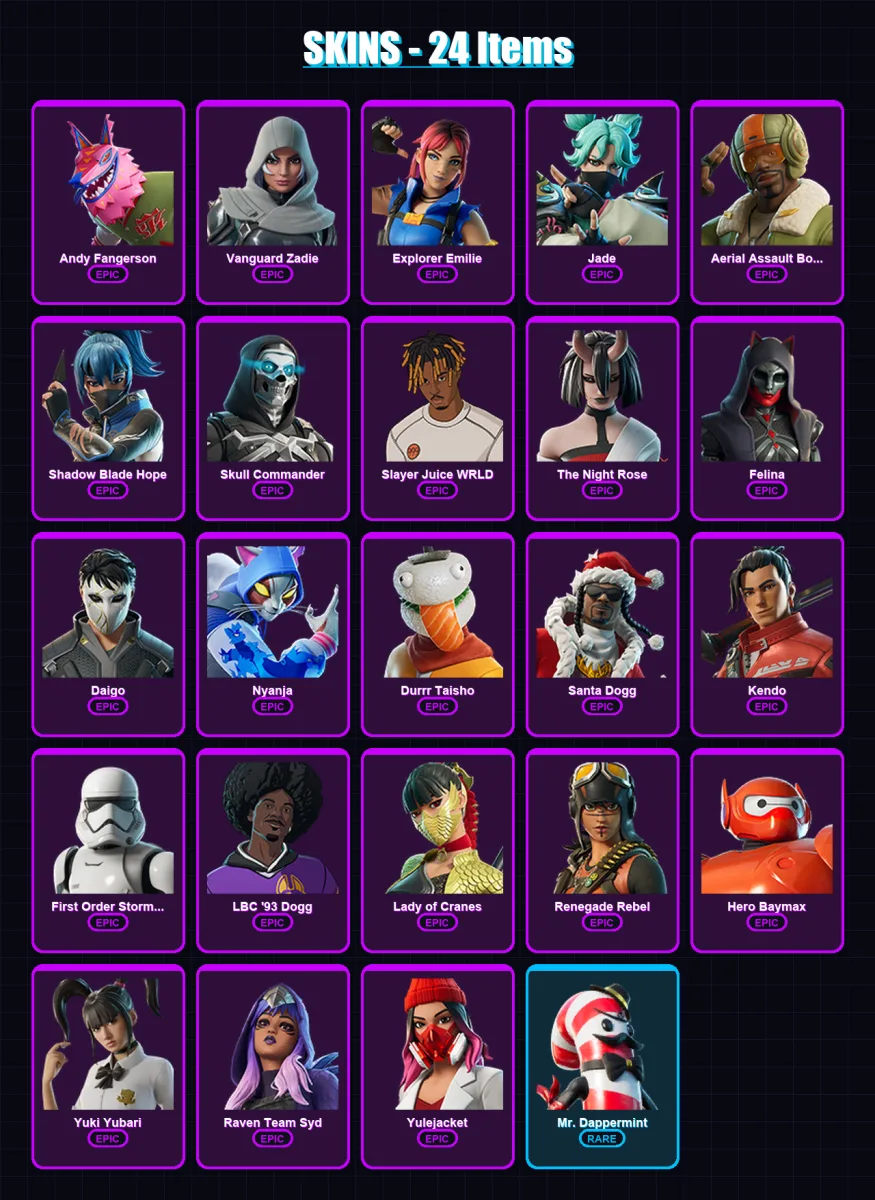 [SWITCH/PC] | Andy Fangerson | Vanguard Zadie | Explorer Emilie | Jade | Aerial Assault Bomber | 24 skin | 50 pickaxe | 29 emote | 29 glider | Lv318