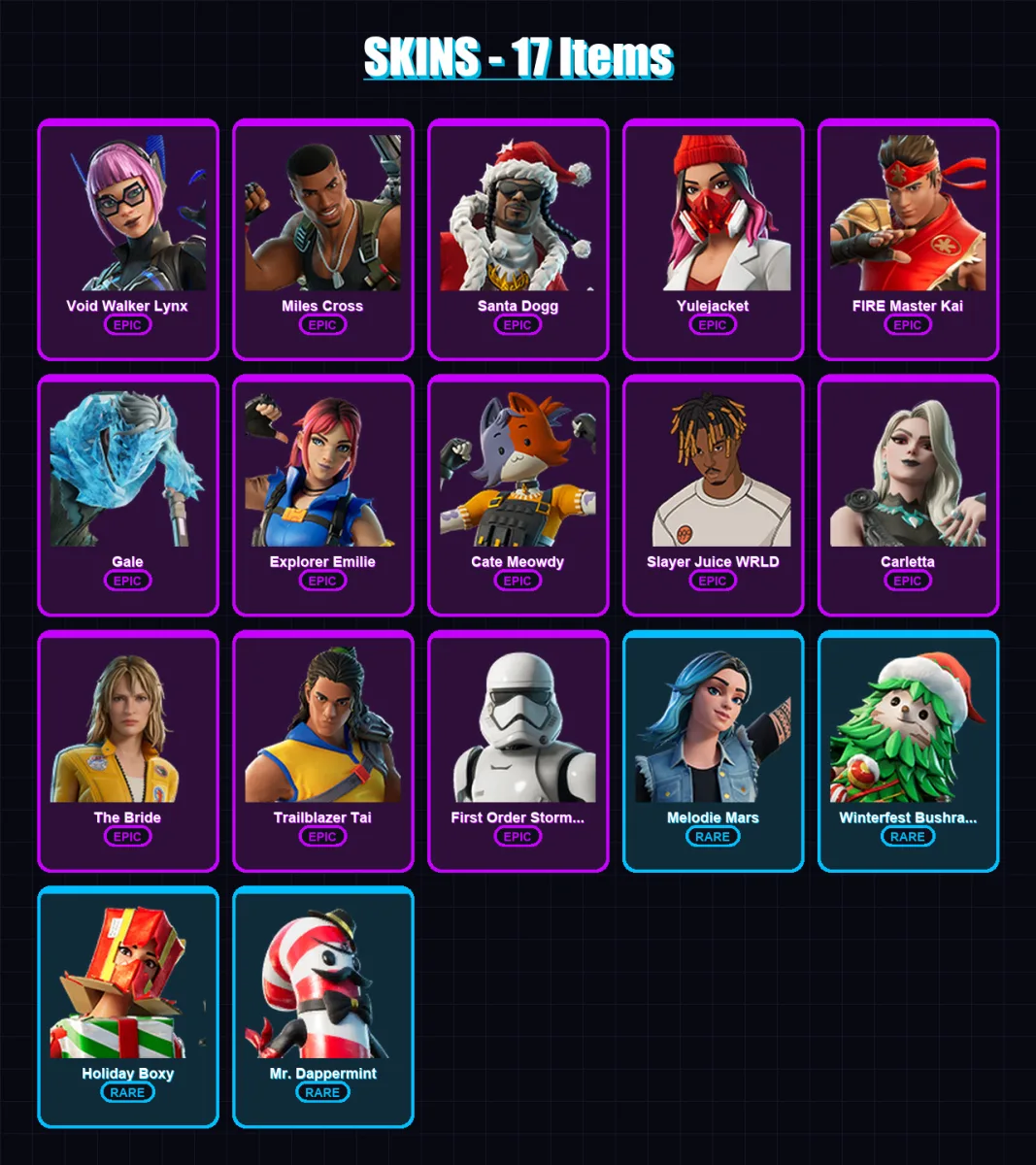 [PC/XBOX/PSN] | Void Walker Lynx | Miles Cross | Santa Dogg | Yulejacket | FIRE Master Kai | 17 skin | 32 pickaxe | 13 emote | 20 glider | Lv184