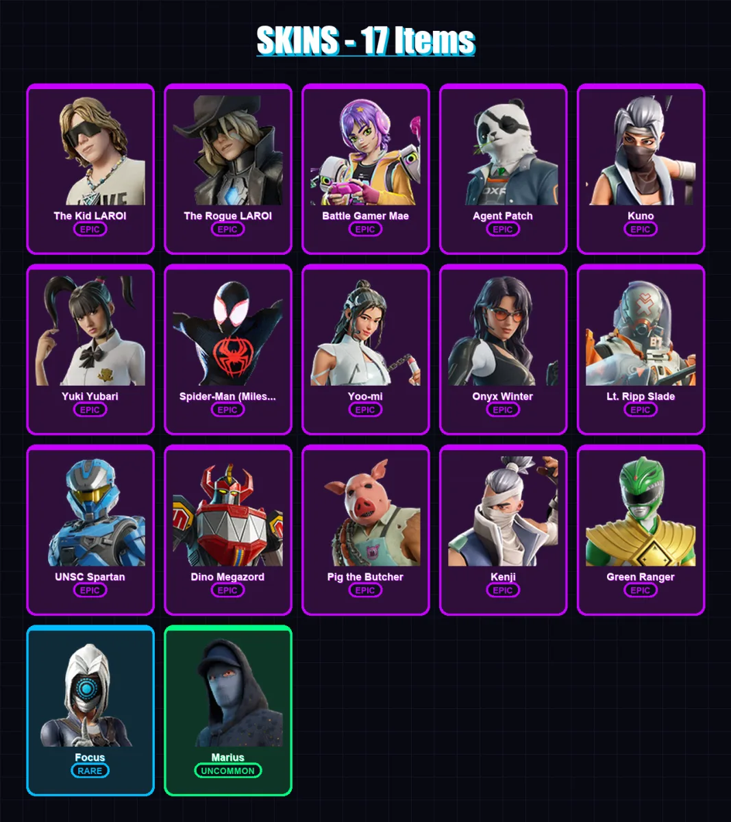 [PS4/PS5/PC] | The Kid LAROI | The Rogue LAROI | Battle Gamer Mae | Agent Patch | Kuno | 17 skin | 38 pickaxe | 20 emote | 32 glider | Lv384
