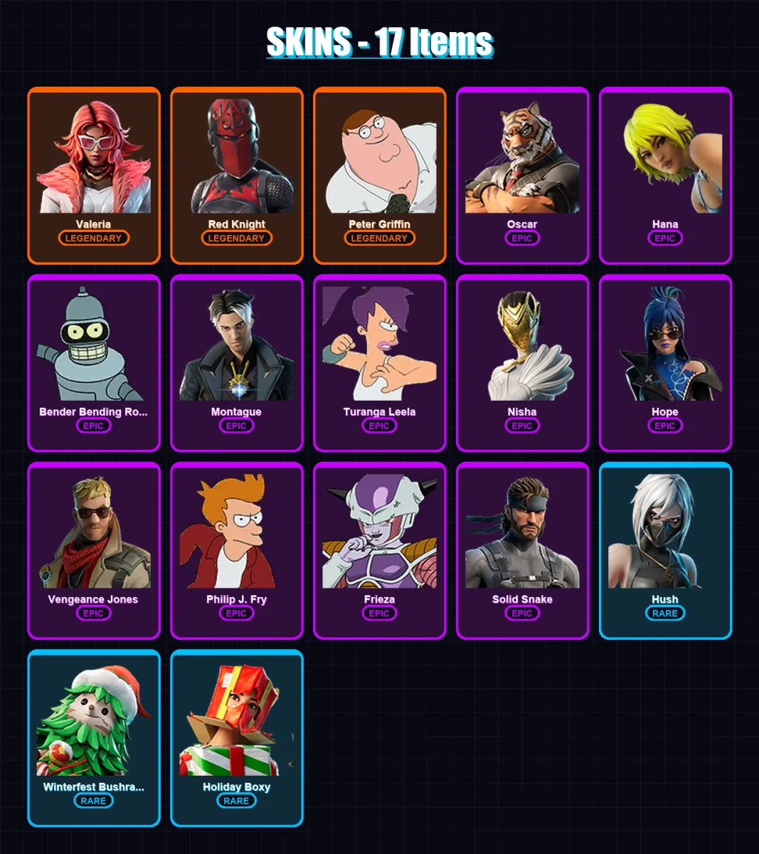 [PC] | Valeria | Red Knight | Peter Griffin | Oscar | Hana | 17 skin | 11 pickaxe | 16 emote | 11 glider | Lv139