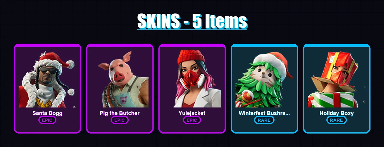 [PC/PSN] | Santa Dogg | Pig the Butcher | Yulejacket | Winterfest Bushranger | Holiday Boxy | 5 skin | 16 pickaxe | 4 emote | 12 glider | Lv87