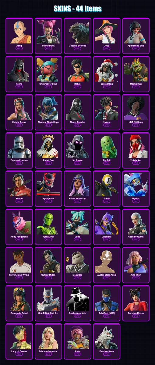 [PC/XBOX/PSN] | Aang | Power Punk | Godzilla Evolved | Joss | Apprentice Evie | 44 skin | 57 pickaxe | 34 emote | 26 glider | Lv232