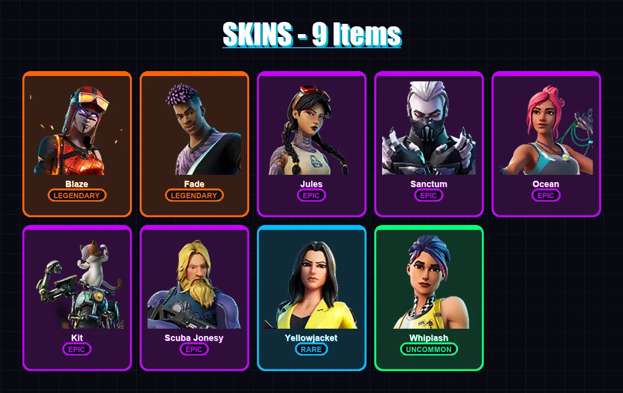 [PC/XBOX/PSN] | Blaze | Fade | Jules | Sanctum | Ocean | 9 skin | 7 pickaxe | 17 emote | 11 glider | Lv169