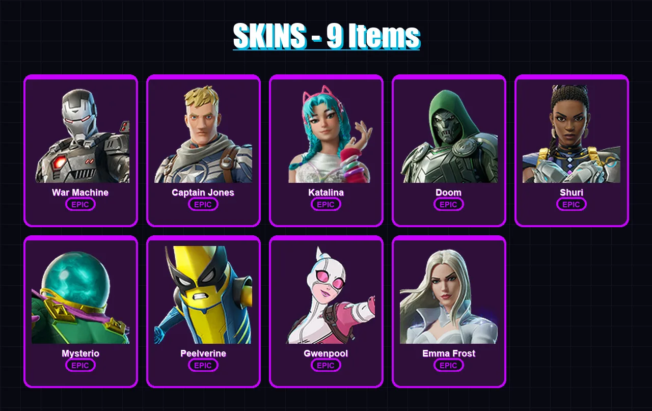 [PC/XBOX/PSN] | War Machine | Captain Jones | Katalina | Doom | Shuri | 9 skin | 13 pickaxe | 19 emote | 13 glider | Lv149